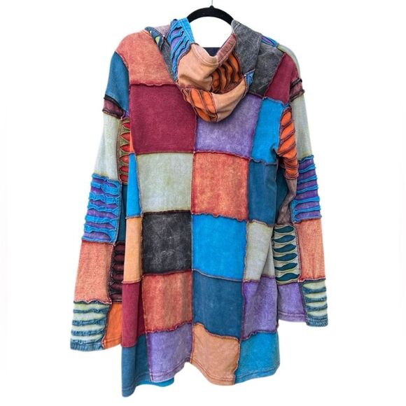 Women's 100% Cotton Hippie Patchwork Multi Color Tunic Zip Up Sweater Size XL - Picture 2 of 4